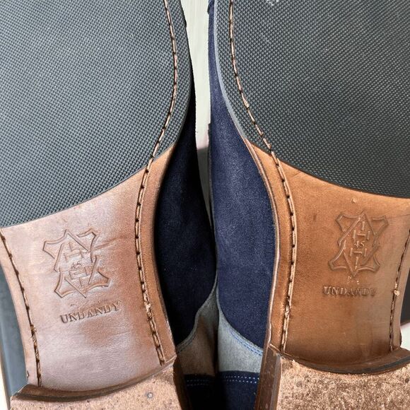 Undandy Navy Gray Suede Derby Shoes Sz 45/11.5 Pink Laces Yellow Lining - Picture 14 of 14